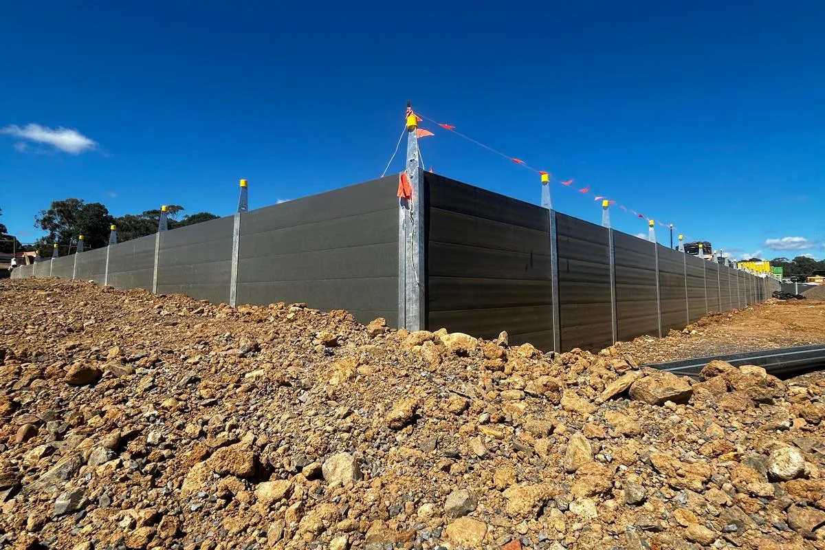 Charcoal SuperSleeper retaining wall at a commercial development