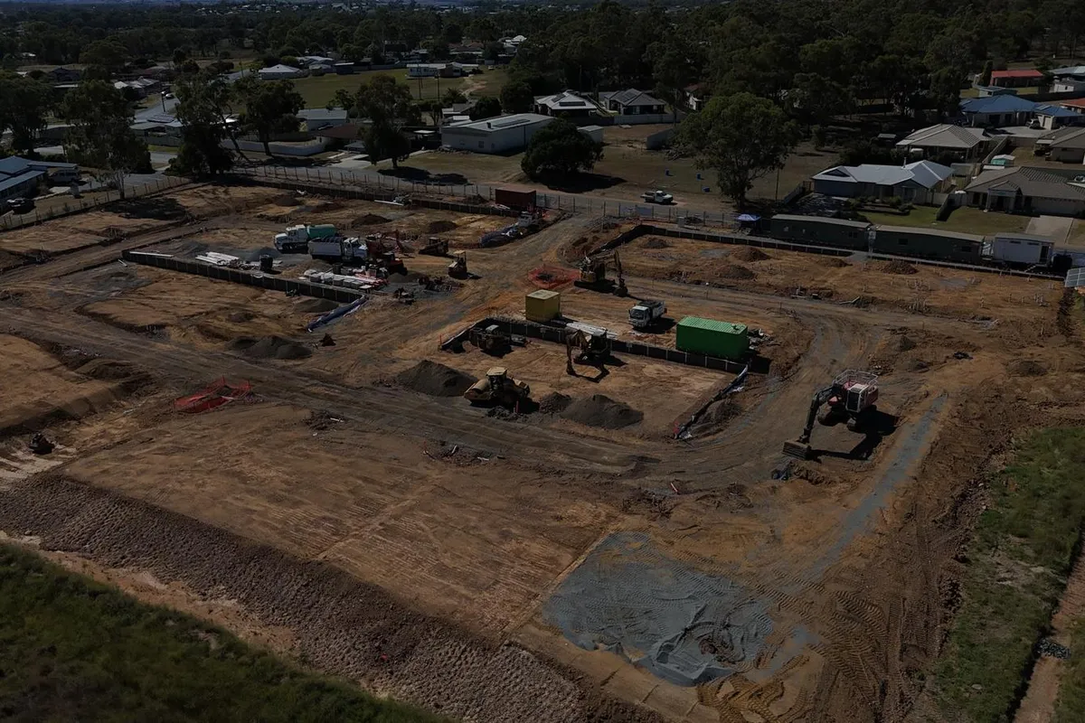 Aerial view of a large commercial retaining wall project